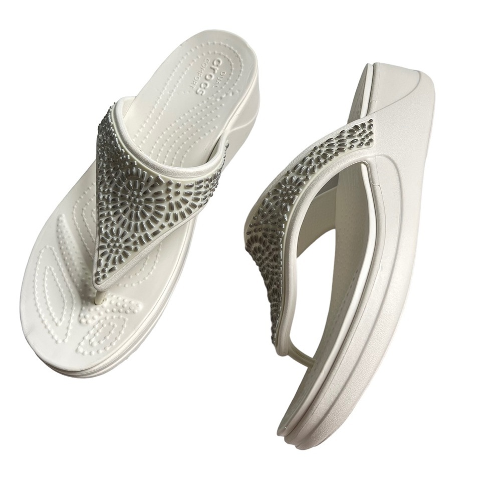 Crocs Women’s Size 8 Monterey Diamanté Wedge Sandals white Slip On shoes